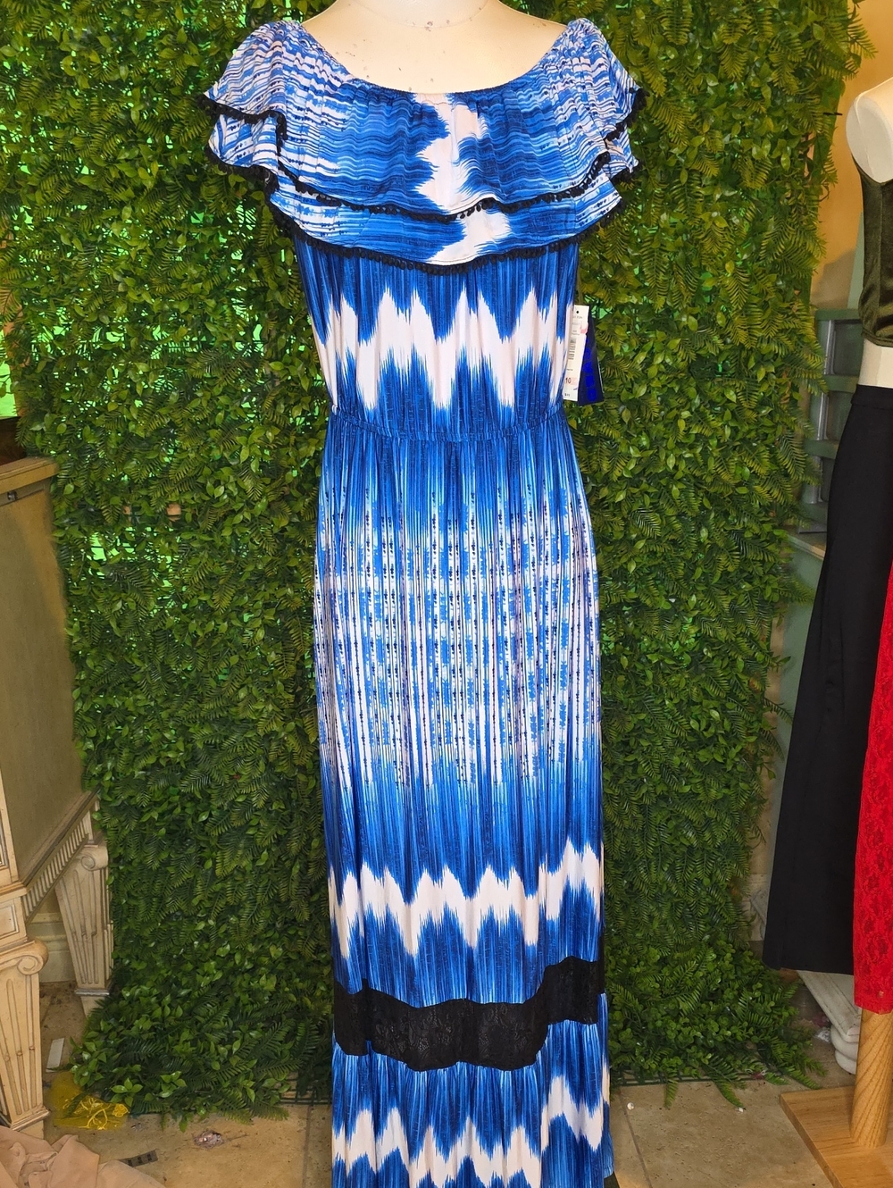 Peter Nygard Blue and White Ruffle Off-Shoulder Maxi Dress